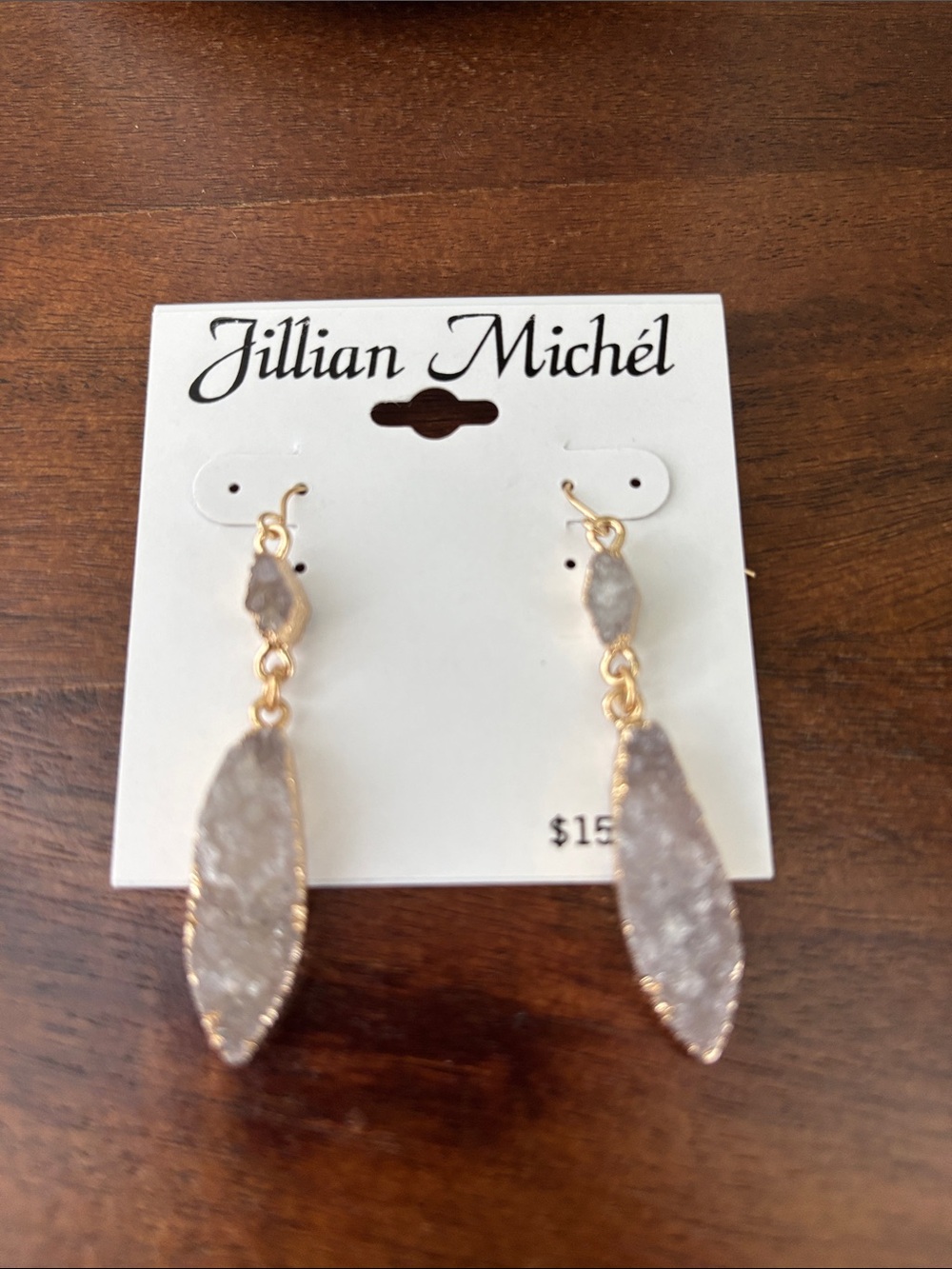 Jillian Michel Druzy elongated leaf like stones sparkly,greyish,drop,fishhook